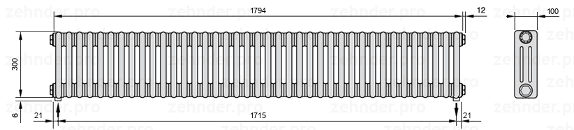 Схема (чертеж) Радиатор Zehnder Charleston 3030/39 №5310 Белый глянцевый RAL 9016